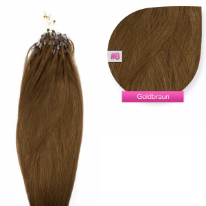 Dieses Bild zeigt die GlamXtensions Microring Extensions Haarverlängerung in der Farbe #08 Goldbraun in Großansicht. Die echthaar Extensions Bondings haben ein Gewicht von 1 Gramm
