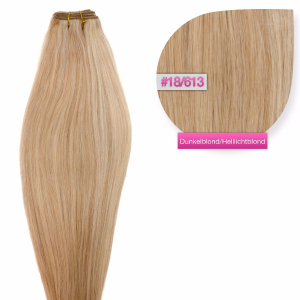 Dieses Bild zeigt die GlamXtensions Weft Extensions Haarverlängerung in der Farbe #18/613 Dunkelblond - Helllichtblond in Großansicht. Die echthaar Tressen Extensions sind in vielen verschiedenen Farben erhältlich.
