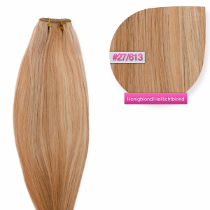 Dieses Bild zeigt die GlamXtensions Weft Extensions Haarverlängerung in der Farbe #27/613 Honigblond - Helllichtblond in Großansicht. Die echthaar Tressen Extensions sind in vielen verschiedenen Farben erhältlich.
