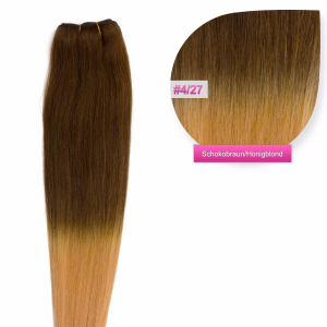 Dieses Bild zeigt die GlamXtensions Weft Extensions Haarverlängerung in der Farbe #4/27 Schokobraun - Honigblond in Großansicht. Die echthaar Tressen Extensions sind in vielen verschiedenen Farben erhältlich.
