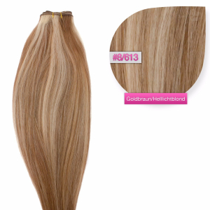 Dieses Bild zeigt die GlamXtensions Weft Extensions Haarverlängerung in der Farbe #8/613 Goldbraun - Helllichtblond in Großansicht. Die echthaar Tressen Extensions sind in vielen verschiedenen Farben erhältlich.
