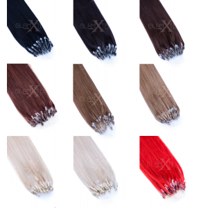 Das Bild zeigt 8 unserer Microring Extensions mit 25 Strähnen pro Packung im Kreis angeordnet von Schwarz über Rot bis blond in 0,5 oder 1 Gramm mit best seller logo