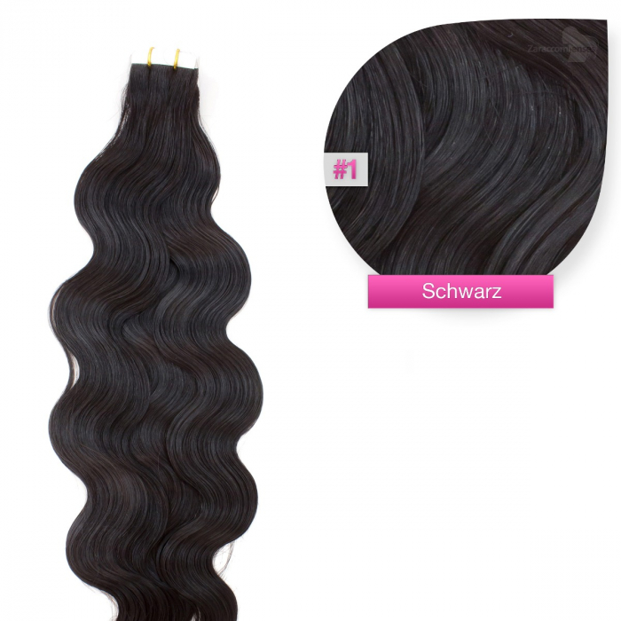 Tape In Extensions Echthaar Haarverlangerung gewellt 01 Schwarz
