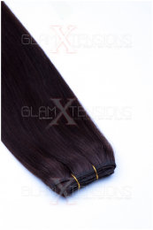 Dieses Bild zeigt die GlamXtensions Weft Extensions Haarverlängerung in der Farbe #02 Dunkelbraun in Großansicht. Die echthaar Tressen Extensions sind in vielen verschiedenen Farben erhältlich.
