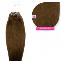 Dieses Bild zeigt die GlamXtensions Microring Extensions Haarverlängerung in der Farbe #06 Mittelbraun in Großansicht. Die echthaar Extensions Bondings haben ein Gewicht von 1 Gramm.
