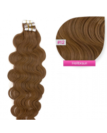 Tape In Echthaar Extensions Frontbild in der Farbe #12 Hellbraun gewellt in den Haarlängen 50cm oder 60cm verfügbar, Haarverlängerung tapes mit Zubehör Bürste Remover und Klebestreifen