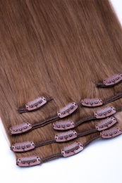Dieses Bild zeigt die 7-teilige von GlamXtensions  zum Clip In Extension Haarverlängerung aus Remy Echthaaren mit 16 Clips in der Farbe #12 - Hellbraun in Großansicht 