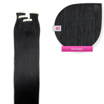 Auf diesen Bild befindet sich klebende Haartapes zum Tape In Haarverlängerung in einzelner Form sowie ein näheres Bild von der Haarstruktur in #01 Schwarz .