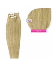 Auf diesem Bild befinden sich klebende Haartapes zum Tape In Haarverlängerung in einzelner Form sowie ein näheres Bild von der Haarstruktur in #22 Blond.