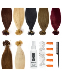 Das Billd zeigt 7 Keratin Bonding Extensions in verschiedenen Haarfarben nebeneinander mit gratis Zubehör angereight