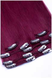 Dieses Bild zeigt die 7-teilige von GlamXtensions  zum Clip In Extension Haarverlängerung aus Remy Echthaaren mit 16 Clips in der Farbe #Burg in Großansicht 
