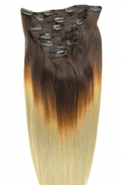 Dieses Bild zeigt die 7-teilige von GlamXtensions  zum Clip In Extension Haarverlängerung aus Remy Echthaaren mit 14 Clips in der Farbe grau in Ombré (Orange-stich) in Großansicht 
