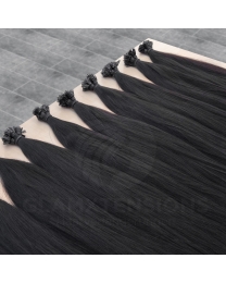 Schwarze Remy Echthaar Flachbondings in 50cm und 1 Gramm dicken Strähnen in der Farbe #1b Naturschwarz
