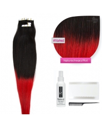 Tape In Extensions Echthaar Haarverlängerung # O-1b/red Naturschwarz - Rot 50cm ombre