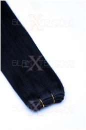 Dieses Bild zeigt die GlamXtensions Weft Extensions Haarverlängerung in der Farbe #01 Schwarz in Großansicht. Die echthaar Tressen Extensions sind in vielen verschiedenen Farben erhältlich.
