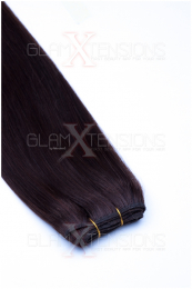 Dieses Bild zeigt die GlamXtensions Weft Extensions Haarverlängerung in der Farbe #02 Dunkelbraun in Großansicht. Die echthaar Tressen Extensions sind in vielen verschiedenen Farben erhältlich.
