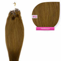 Dieses Bild zeigt die GlamXtensions Microring Extensions Haarverlängerung in der Farbe #12 Hellbraun in Großansicht. Die echthaar Extensions Bondings haben ein Gewicht von 0,5 Gramm
