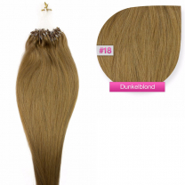 Dieses Bild zeigt die GlamXtensions Microring Extensions Haarverlängerung in der Farbe #18 Dunkelblond in Großansicht. Die echthaar Extensions Bondings haben ein Gewicht von 0,5 Gramm
