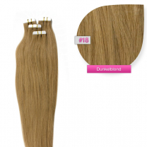 Auf diesem Bild befinden sich klebende Haartapes zum Tape In Haarverlängerung in einzelner Form sowie ein näheres Bild von der Haarstruktur in #18 Dunkelblond.
