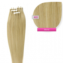 Auf diesem Bild befinden sich klebende Haartapes zum Tape In Haarverlängerung in einzelner Form sowie ein näheres Bild von der Haarstruktur in #22 Blond.