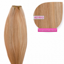 Dieses Bild zeigt die GlamXtensions Weft Extensions Haarverlängerung in der Farbe #27/613 Honigblond - Helllichtblond in Großansicht. Die echthaar Tressen Extensions sind in vielen verschiedenen Farben erhältlich.
