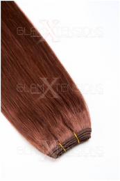 Dieses Bild zeigt die GlamXtensions Weft Extensions Haarverlängerung in der Farbe #Kastanie in Großansicht. Die echthaar Tressen Extensions sind in vielen verschiedenen Farben erhältlich.
