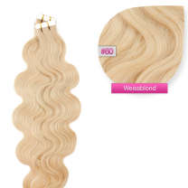 Tape In Echthaar Extensions Frontbild in der Farbe #60 Weissblond gewellt in den Haarlängen 50cm oder 60cm verfügbar, Haarverlängerung tapes mit Zubehör Bürste Remover und Klebestreifen