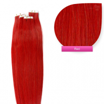 Auf diesem Bild befinden sich klebende Haartapes zum Tape In Haarverlängerung in einzelner Form sowie ein näheres Bild von der Haarstruktur in # Red/Rot.