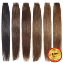 Das Foto zeigt 6 Tape In Extensions Echthaar Haarfarben in 2,5 Gramm dicken Strähnen nebeneinander aufgereiht