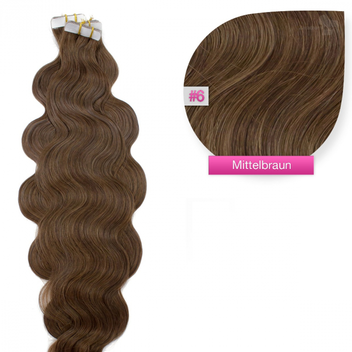 Tape In Extensions #06 Mittelbraun, gewellt 100% Remy Echthaar